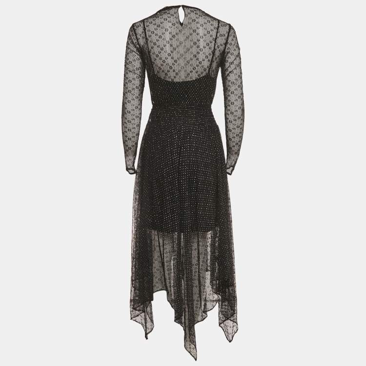 Pre Owned Maje Black Glitter Mesh Ruche Detail Asymmetric Midi Dress S