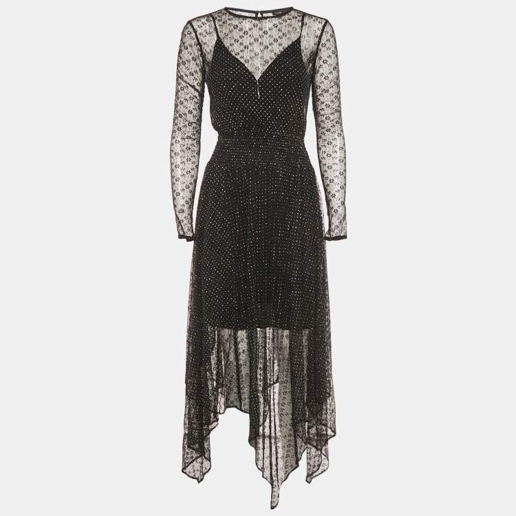 Pre Owned Maje Black Glitter Mesh Ruche Detail Asymmetric Midi Dress S