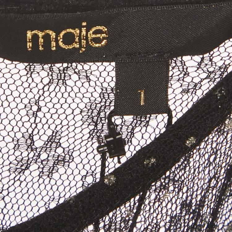Pre Owned Maje Black Glitter Mesh Ruche Detail Asymmetric Midi Dress S