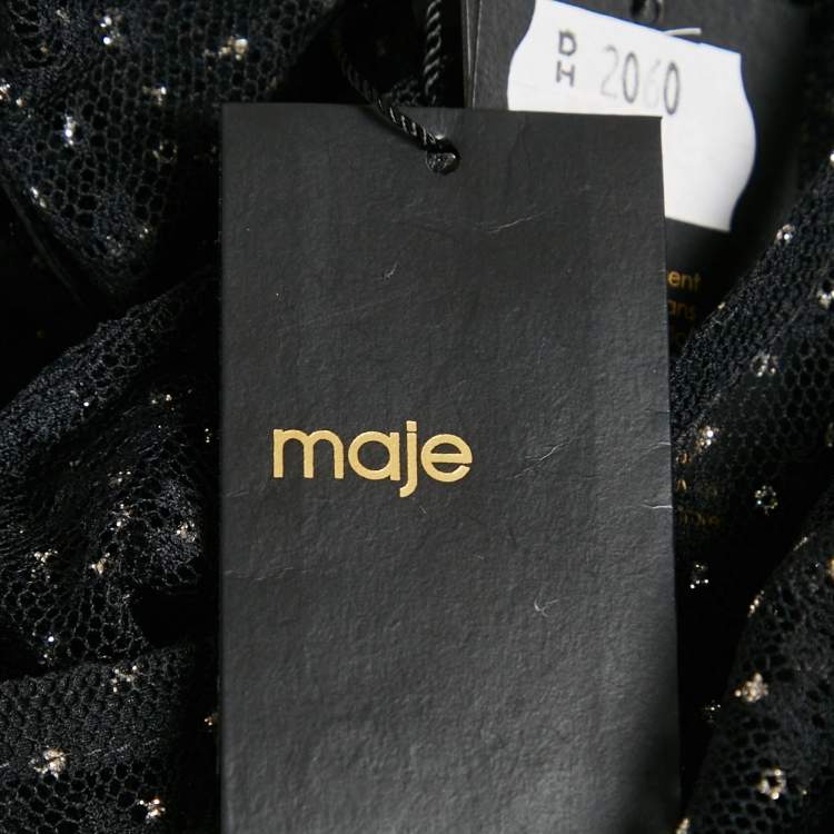 Pre Owned Maje Black Glitter Mesh Ruche Detail Asymmetric Midi Dress S