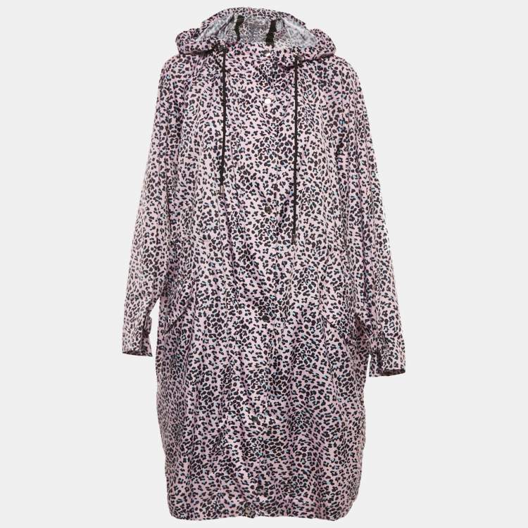 Pre Owned Maje Pink Leopard Print Synthetic Zip-Up Hooded Long Coat S