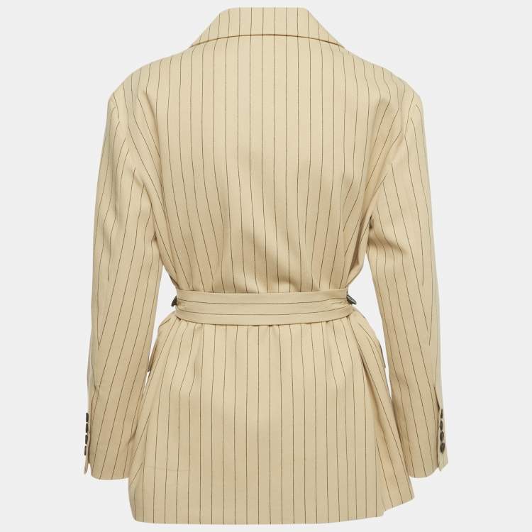 Pre Owned  Maje Beige Striped Cotton Blend  Belted Blazer S 