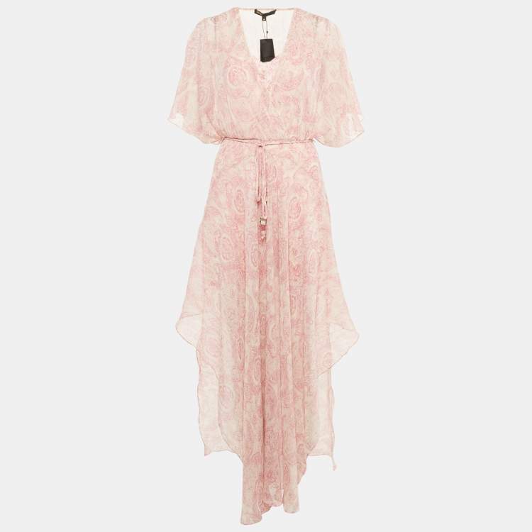 Pre Owned Maje Pink Paisley Print Lurex Crepe Asymmetric Flared Scarf Dress S