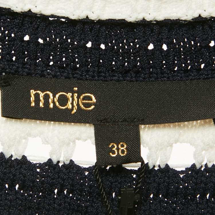 Pre Owned  Maje White/Navy Blue Striped Crochet Rosette Mini Dress M