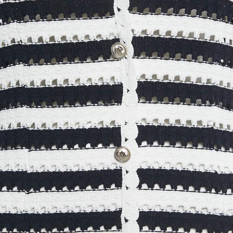 Pre Owned  Maje White/Navy Blue Striped Crochet Rosette Mini Dress M