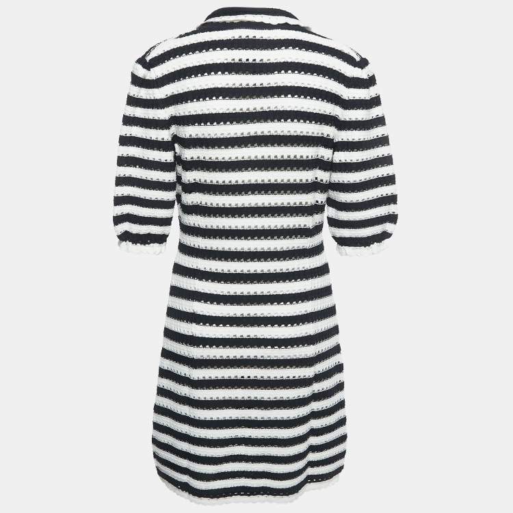 Pre Owned  Maje White/Navy Blue Striped Crochet Rosette Mini Dress M