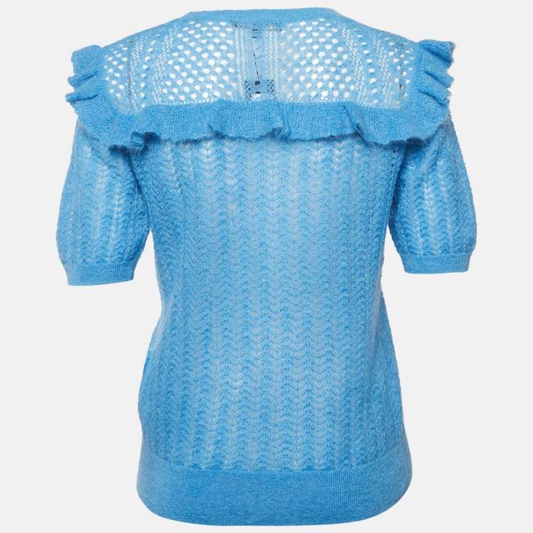 مملوكة مسبقًا Maje Blue Mohair Wool Open Knit Ruffled Top L