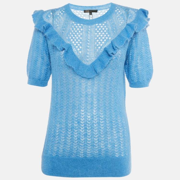 مملوكة مسبقًا Maje Blue Mohair Wool Open Knit Ruffled Top L