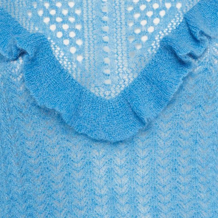 مملوكة مسبقًا Maje Blue Mohair Wool Open Knit Ruffled Top L
