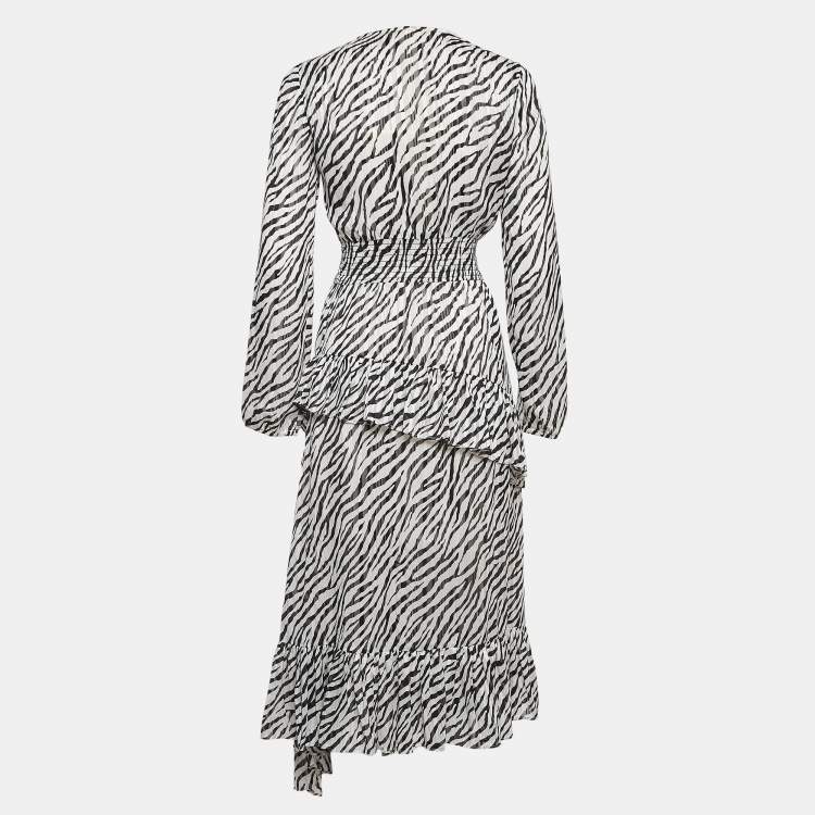 Pre Owned Maje Black/White Zebra Print Lurex Crepe Ruffled Maxi Dress S