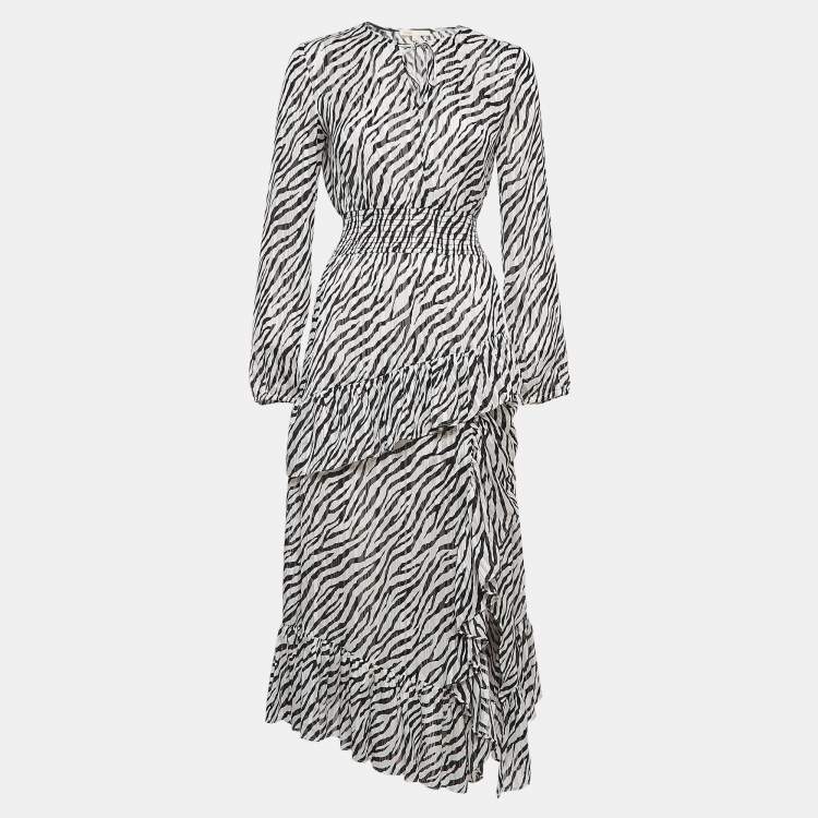 Pre Owned Maje Black/White Zebra Print Lurex Crepe Ruffled Maxi Dress S