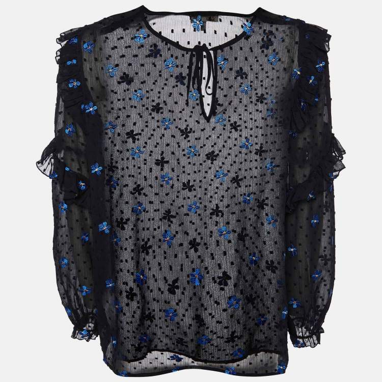 Pre Owned Maje Black Dotted Embroidered Crepe Ruffled Top L