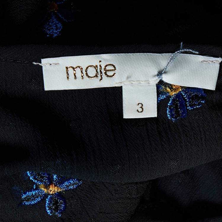 Pre Owned Maje Black Dotted Embroidered Crepe Ruffled Top L