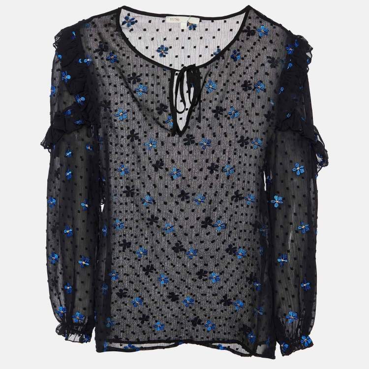 Pre Owned Maje Black Dotted Embroidered Crepe Ruffled Top L