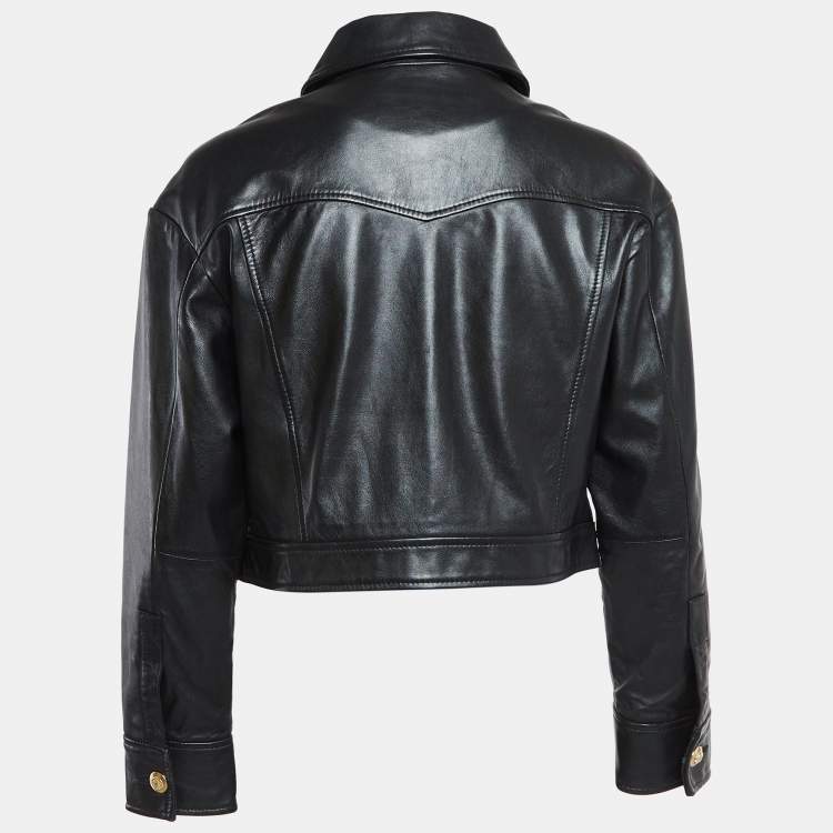 Pre Owned Maje Black Leather Bacchus Crop Leather Jacket L