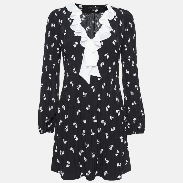 Pre Owned Maje Black Bow Print Plisse Ruffled Rockale Mini Dress M