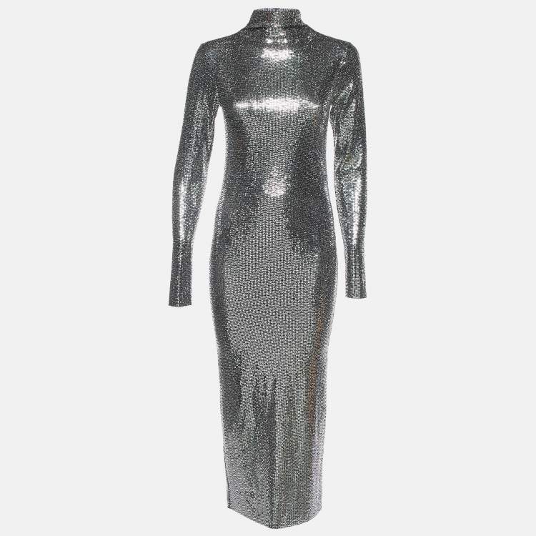 مملوكة مسبقًا Maje Silver/Black Sequin High Neck Midi Dress S