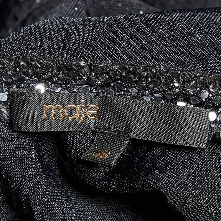 مملوكة مسبقًا Maje Silver/Black Sequin High Neck Midi Dress S