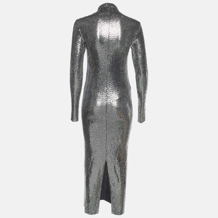 مملوكة مسبقًا Maje Silver/Black Sequin High Neck Midi Dress S