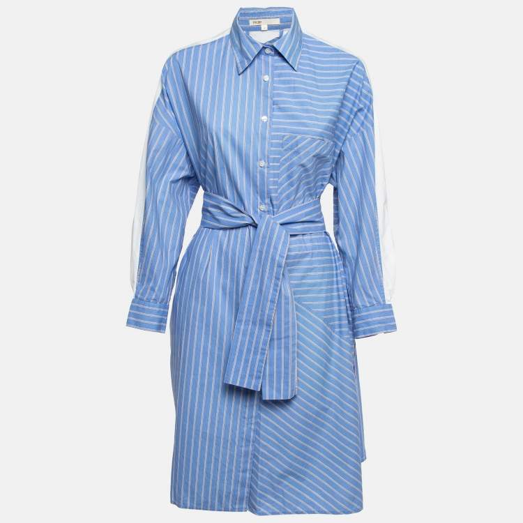 Pre Owned Maje Blue Pinstripe Cotton Belted Shirt Dress M