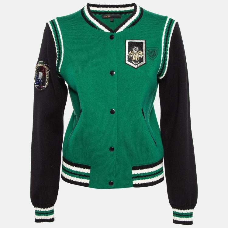 Pre Owned Maje Green/Black Embellished Knit Button Fornt Bomber Jacket M 