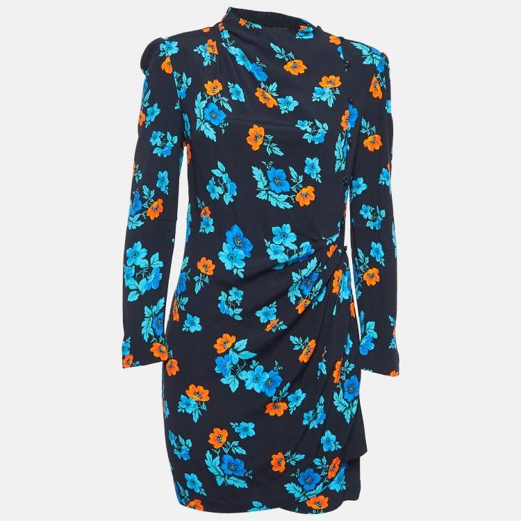 Pre Owned Maje Black Floral Print Crepe Ruched Mini Dress L