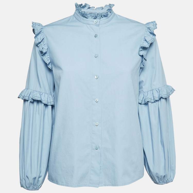 Pre Owned Maje Blue Cotton Lace Ruffle Detail Shirt M