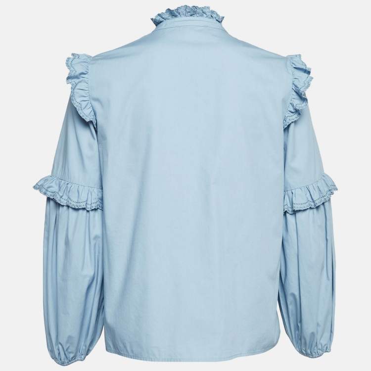 Pre Owned Maje Blue Cotton Lace Ruffle Detail Shirt M
