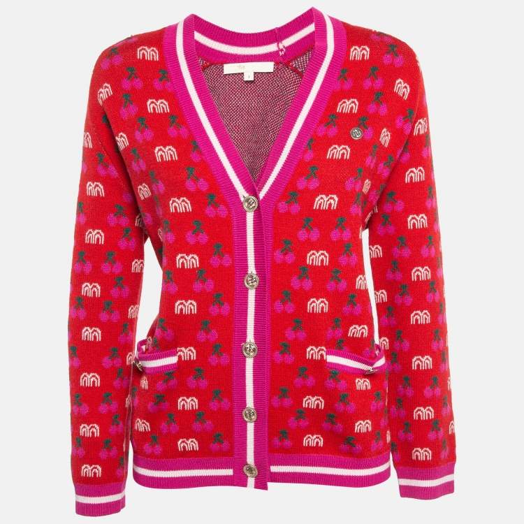 Pre Owned Maje Red March Cherry Jacquard Knit Cardigan S