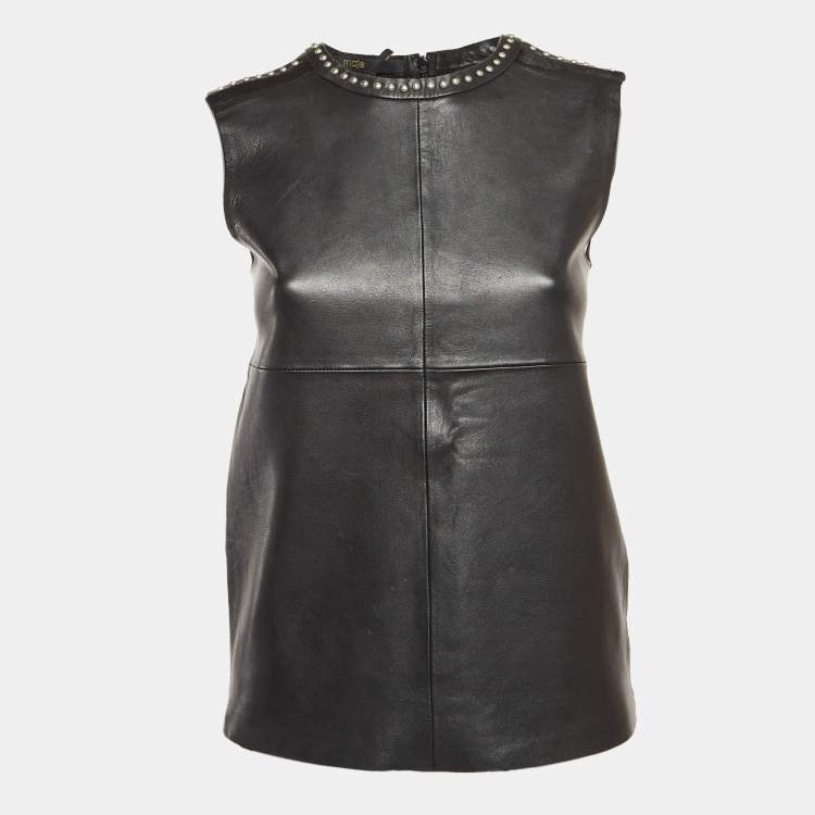 Pre Owned Maje Black Studded Leather and Jersey Sleeveless Top S