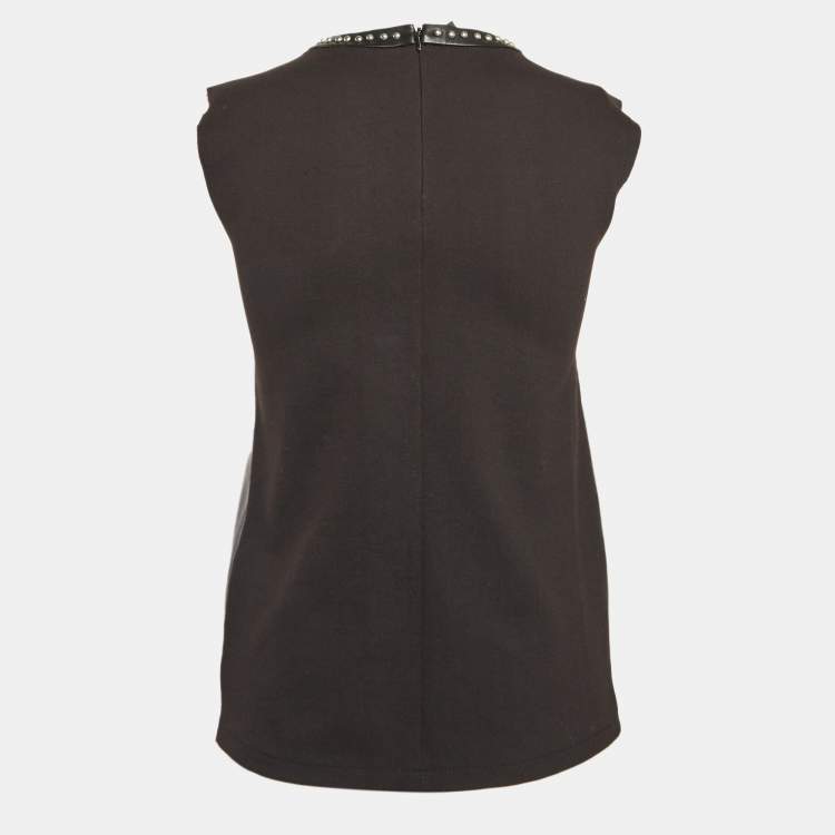 Pre Owned Maje Black Studded Leather and Jersey Sleeveless Top S