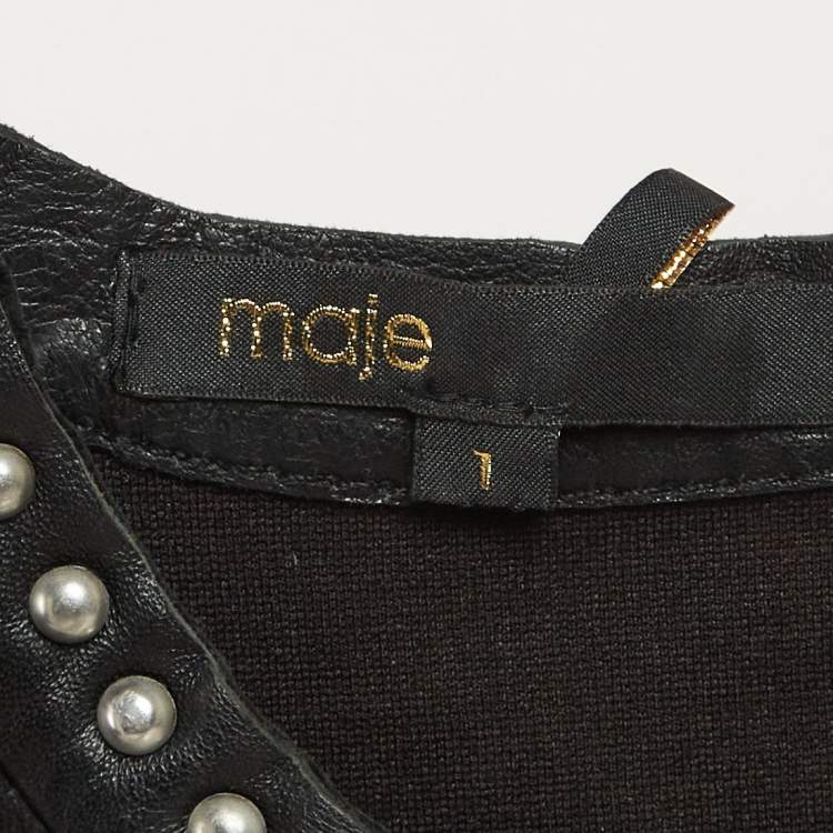 Pre Owned Maje Black Studded Leather and Jersey Sleeveless Top S