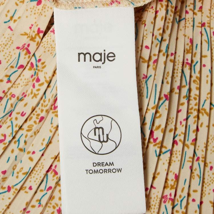 Pre Owned Maje Beige Printed Crepe Plisse Detail Top M