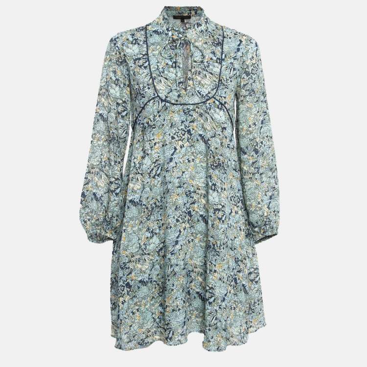 Pre Owned Maje Blue Printed Crepe Neck Tie-Up Mini Dress XS