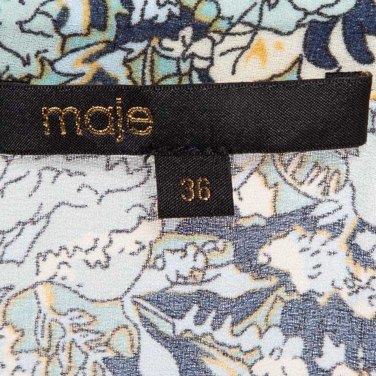 Pre Owned Maje Blue Printed Crepe Neck Tie-Up Mini Dress XS
