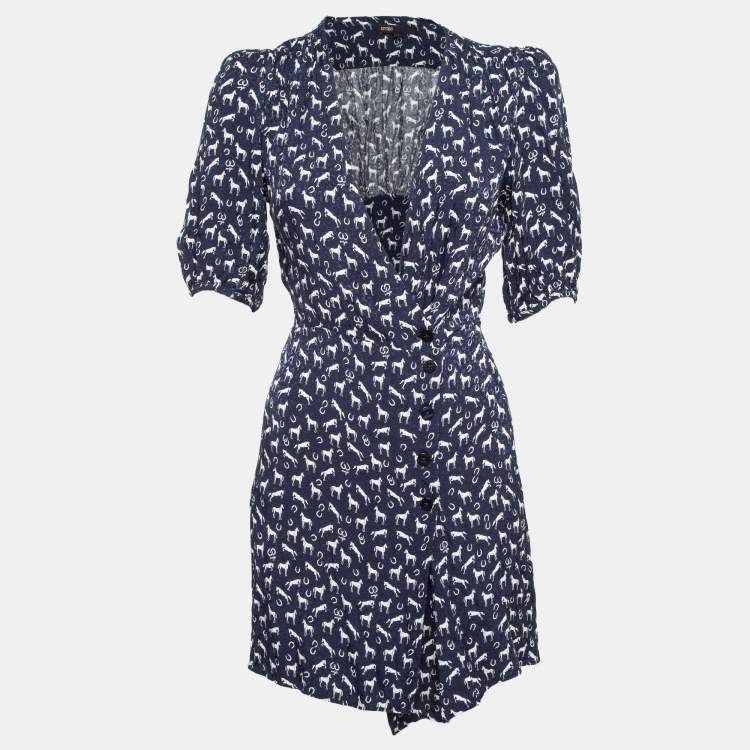 Pre Owned Maje Blue Horse Print Crepe Buttoned Mini Wrap Dress S