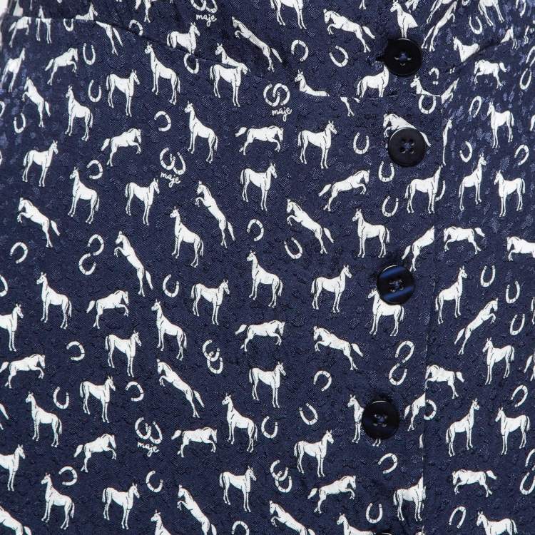 Pre Owned Maje Blue Horse Print Crepe Buttoned Mini Wrap Dress S