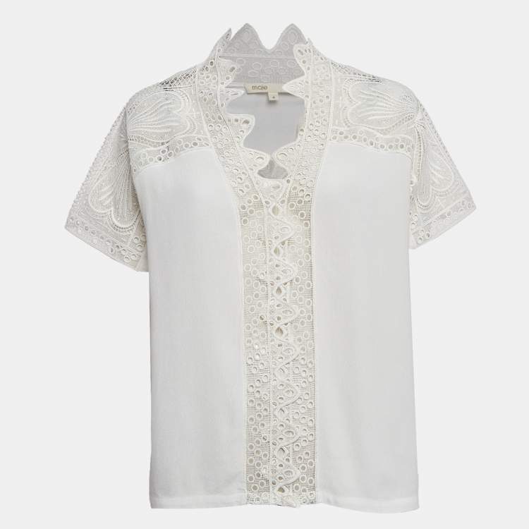 Pre Owned Maje White Crepe Lace Trim Top XL