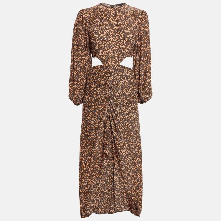 مملوكة مسبقًا Maje Brown Paisley Print Silk Blend Cut-Out Ruched Maxi Dress S