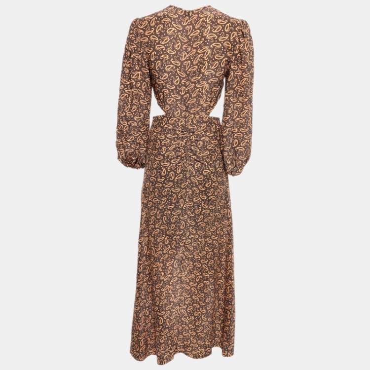 مملوكة مسبقًا Maje Brown Paisley Print Silk Blend Cut-Out Ruched Maxi Dress S