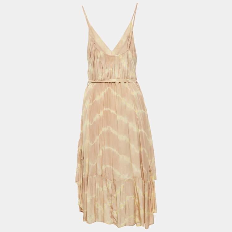 Pre Owned Maje Beige Risotype Tie-Dye Crepe Asymmetric Midi Dress One Size