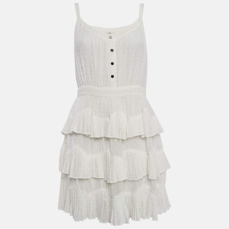 Pre Owned Maje White Swiss Dots Chiffon Tiered Rustivan Short Dress L
