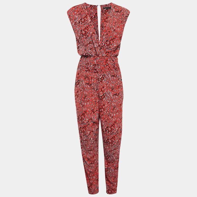 Pre Owned Maje Red Printed Crepe Smocked Detail Jumpsuit M