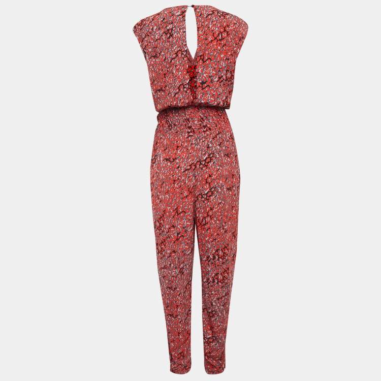 Pre Owned Maje Red Printed Crepe Smocked Detail Jumpsuit M