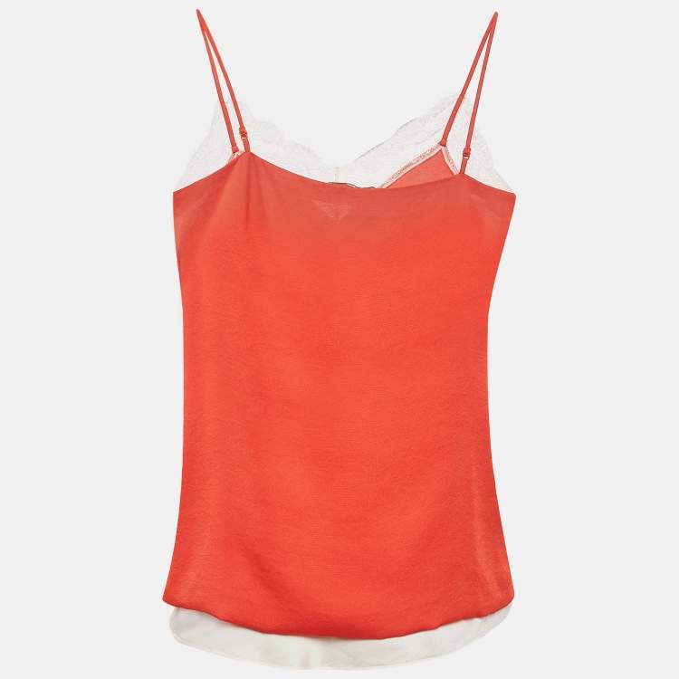 Pre Owned Maje Orange/White Crepe and Satin Lace Trim Camisole Top Set of 2 M/L