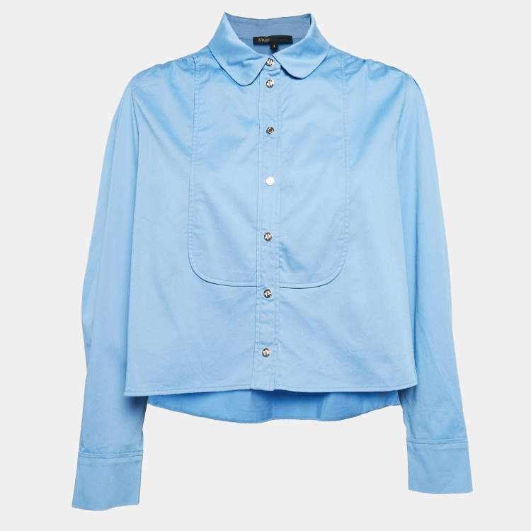 Pre Owned Maje Blue Cotton Pleated Crop Shirt L