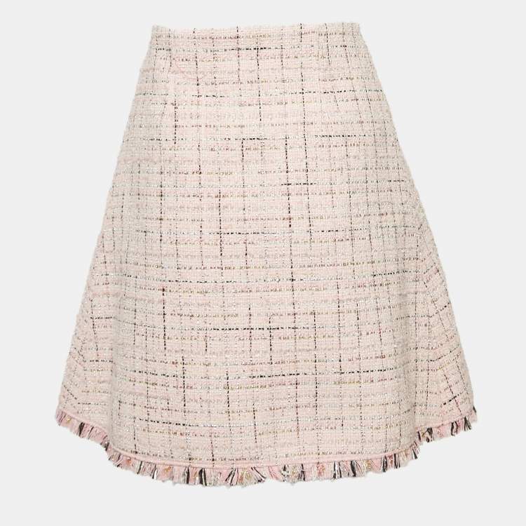 مملوكة مسبقًا Maje Pink Lurex Tweed Fringed Hem Knee-Length Skirt XL