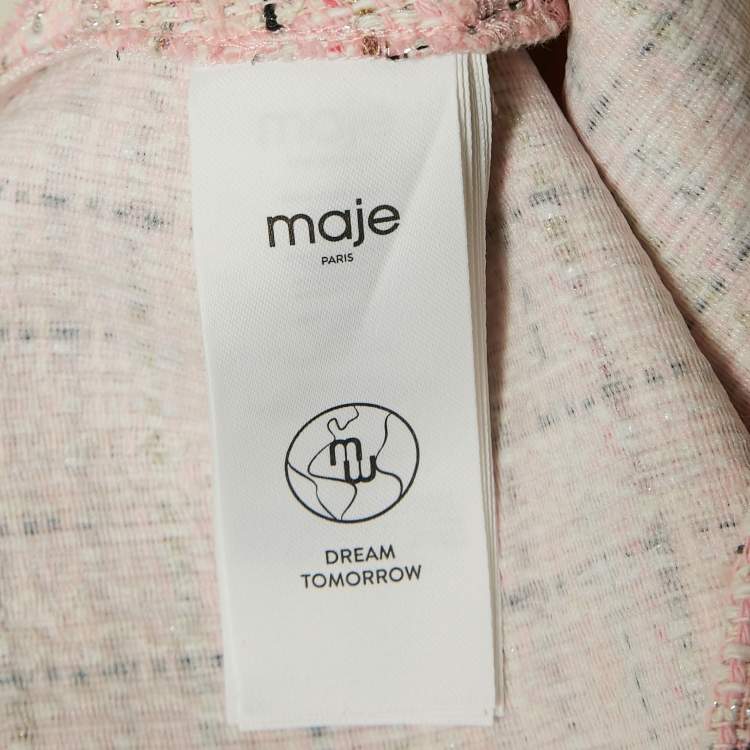 مملوكة مسبقًا Maje Pink Lurex Tweed Fringed Hem Knee-Length Skirt XL
