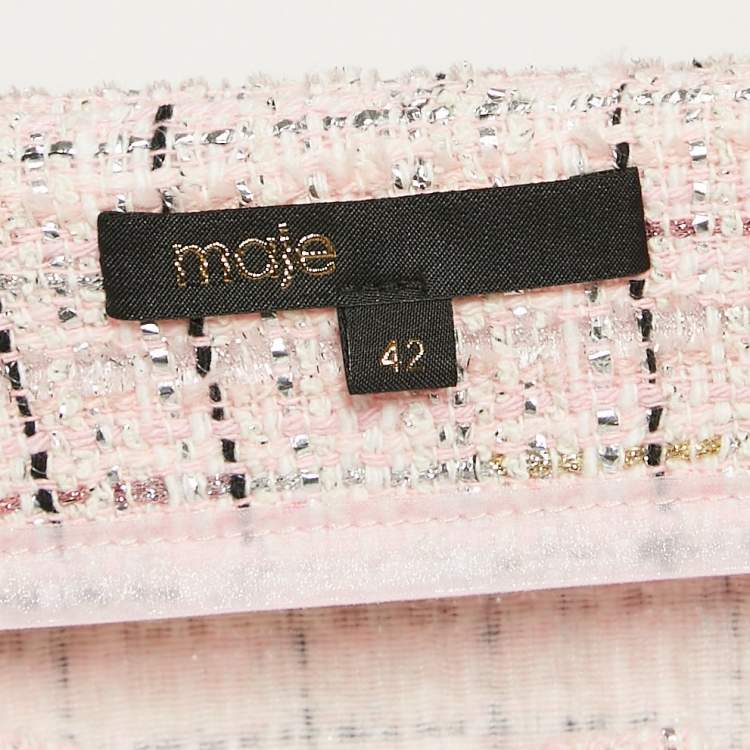 مملوكة مسبقًا Maje Pink Lurex Tweed Fringed Hem Knee-Length Skirt XL