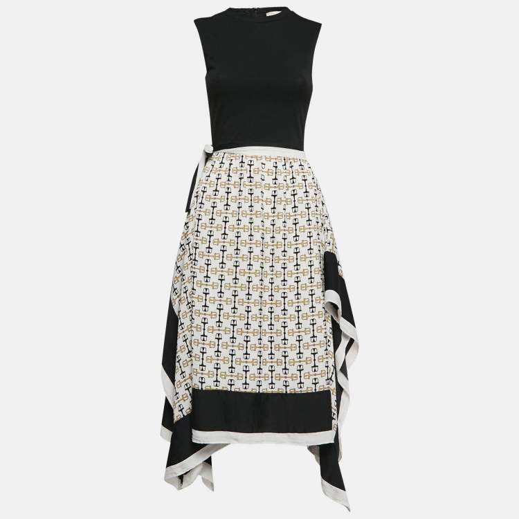 Pre Owned Maje Black/White Horse Bit Print Knit and Crepe Midi Dress S